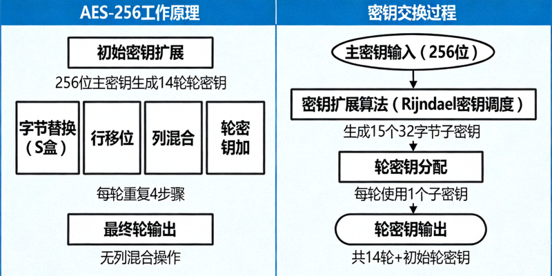 AES-256高级加密标准算法工作原理与密钥交换过程示意图