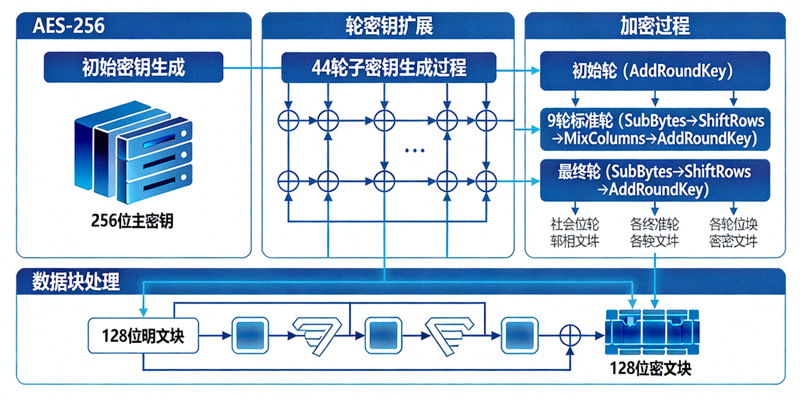 AES-256加密算法工作原理与数据加密过程可视化图表