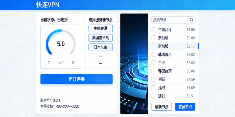 快连电脑版客户端主界面与服务器节点选择截图