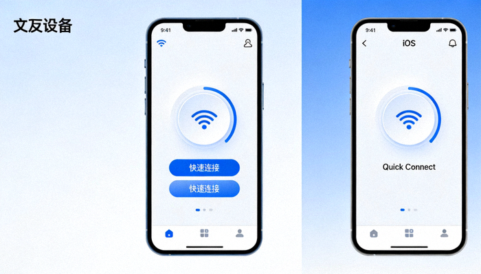 快连手机版应用程序在安卓与iOS设备上的主界面和快速连接按钮展示